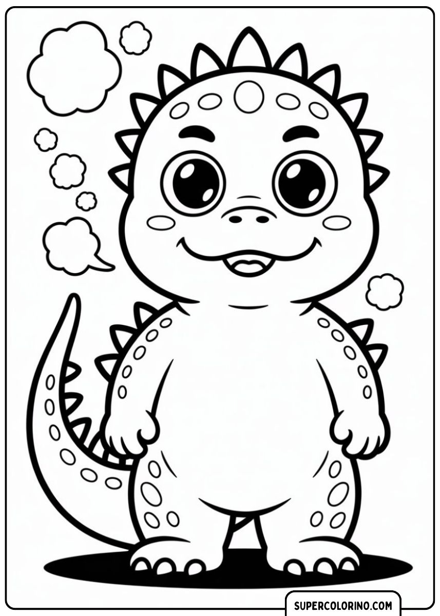 Kleurplaat van een kleine dinosaurus.