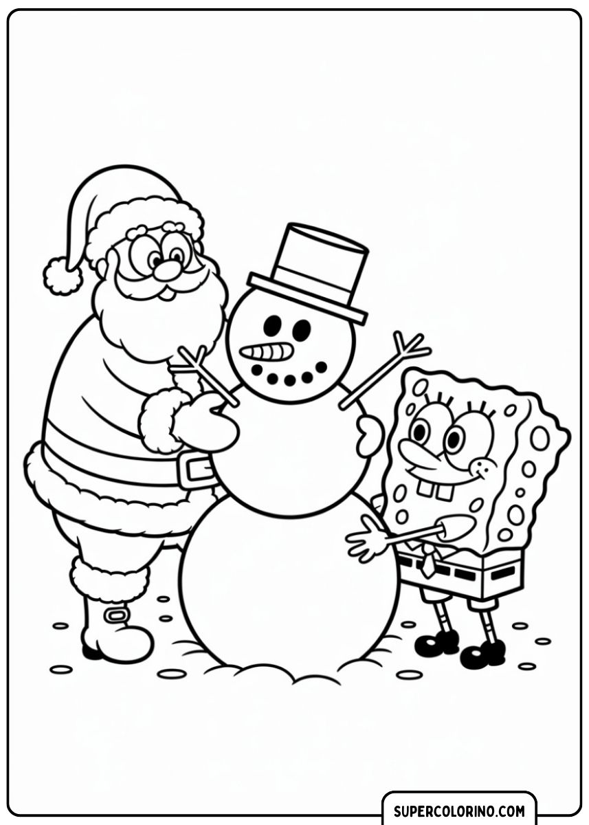 Weihnachtsmann und SpongeBob bauen einen Schneemann.