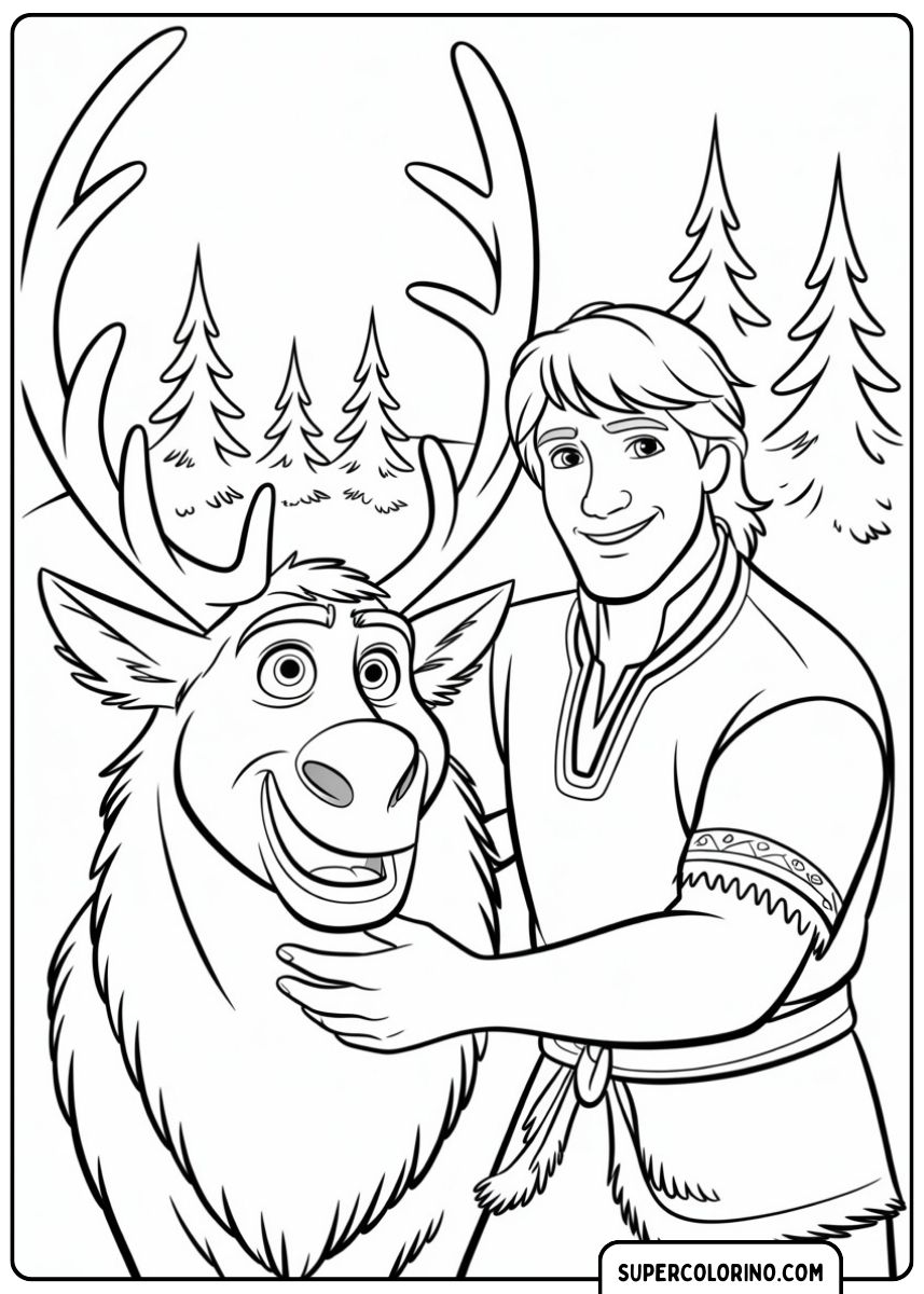 Kristoff streichelt liebevoll den Kopf seines treuen Rentiers Sven.