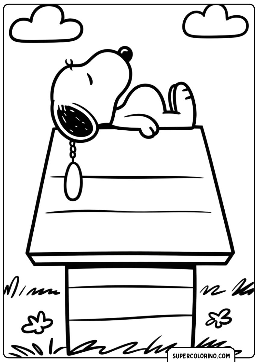 Coloriage Snoopy, le chien, dort détendu sur le toit de sa niche.