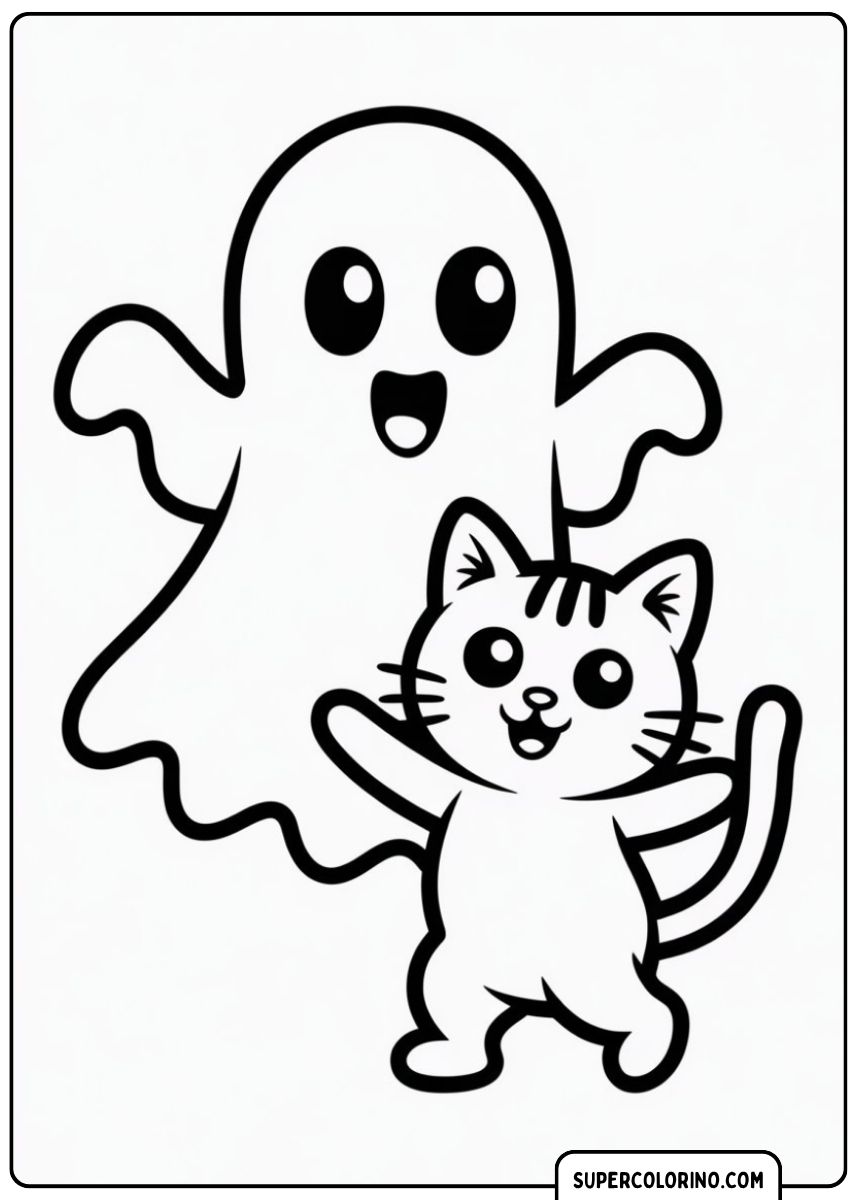 Niedlicher Geist und eine glückliche Katze mit erhobenen Pfoten.