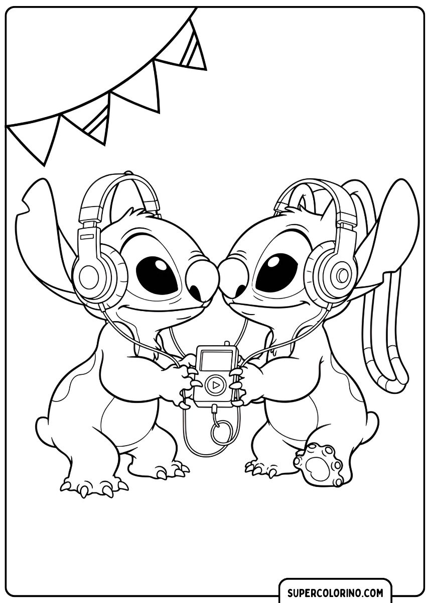 Kleurplaat met Stitch en Angel die samen met een koptelefoon naar muziek luisteren