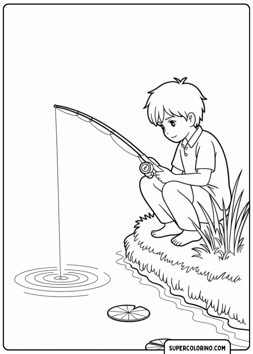 Garçon pêchant près de l’étang.