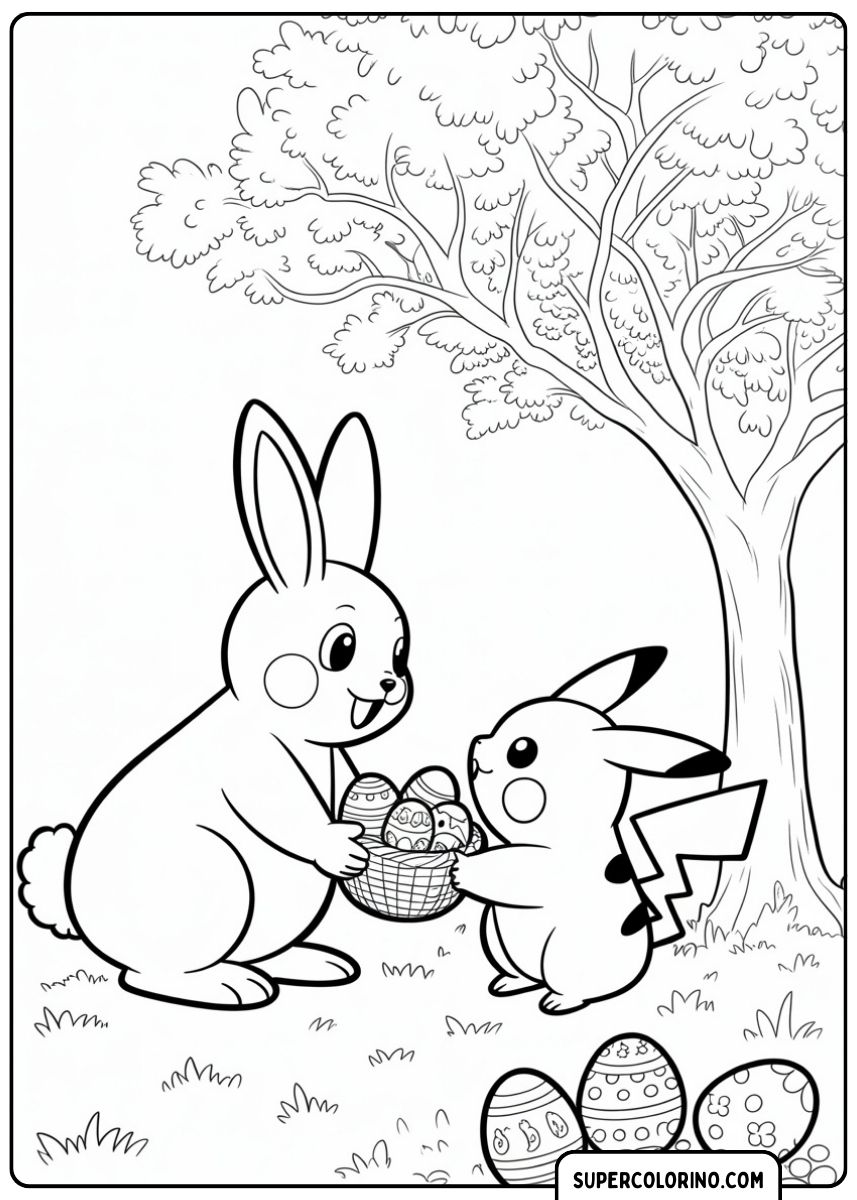 Osterhase bietet Pikachu ein buntes Ei an.
