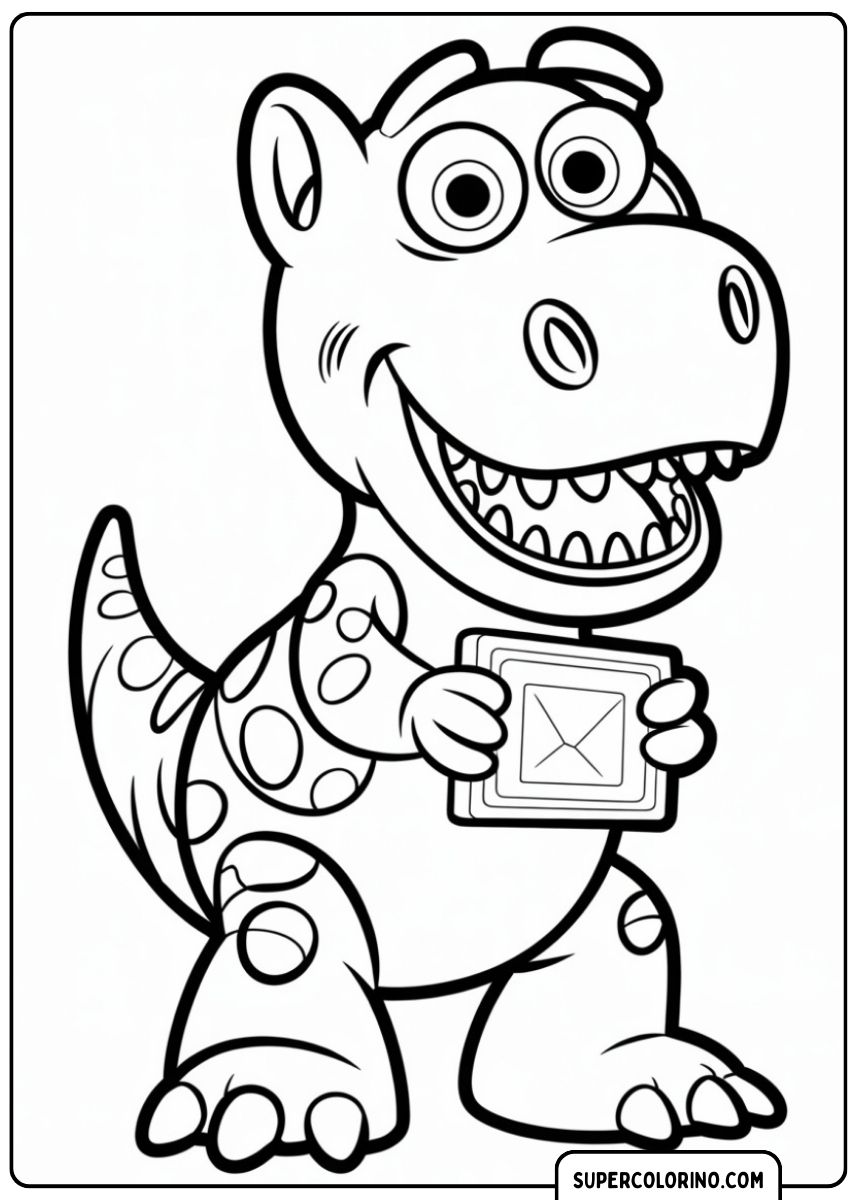 Kleurplaat van een dinosaurus die een brief vasthoudt.