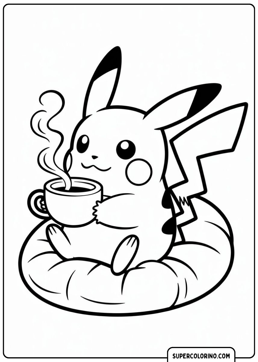 Pikachu drinkt een kopje thee.