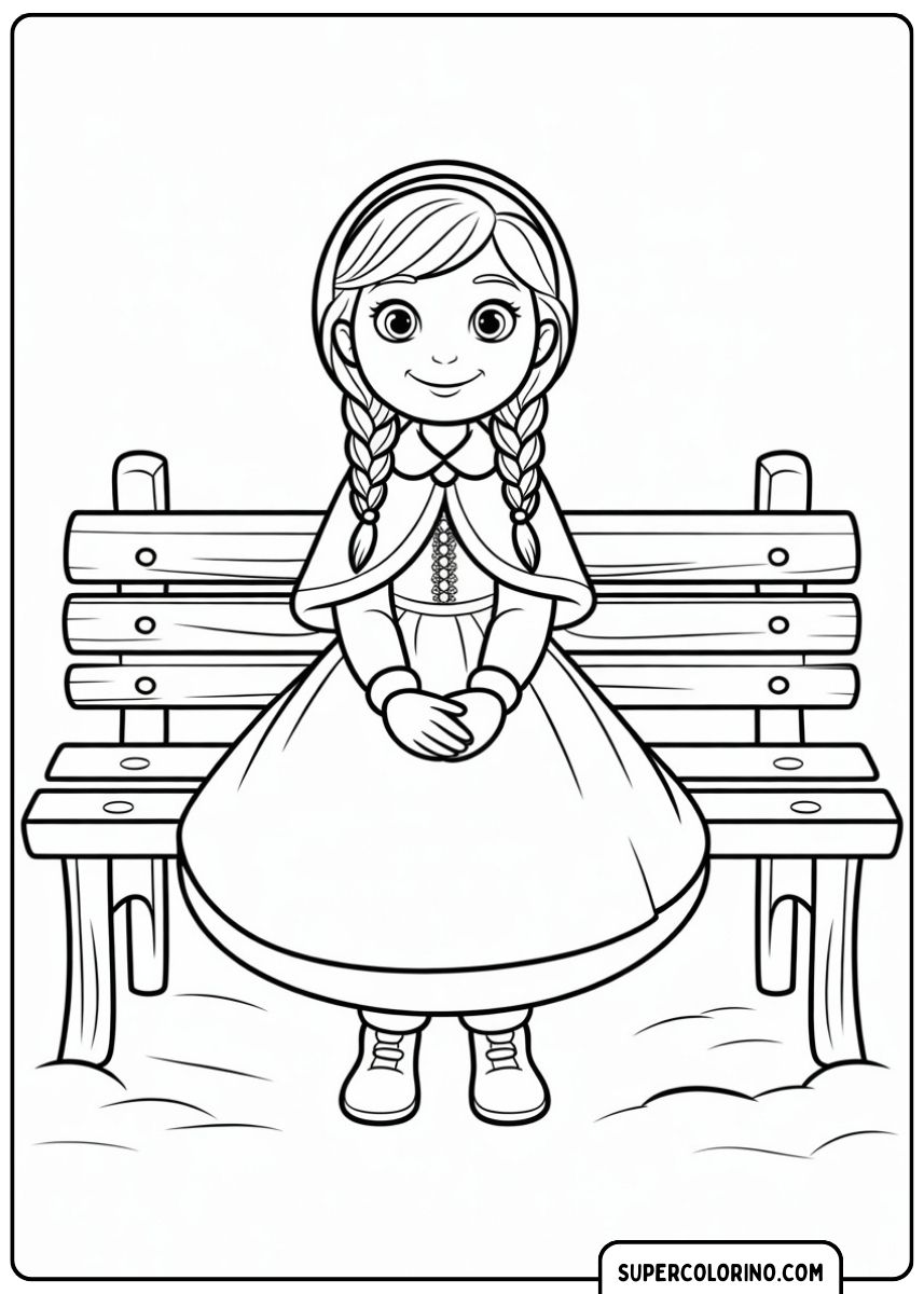 Anna in ihrem Reisekleid sitzt lächelnd auf einer Holzbank.