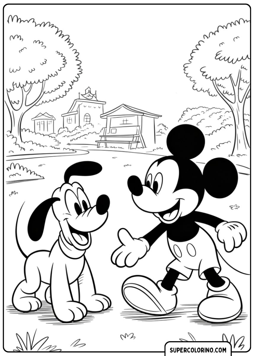 Coloriage Mickey et Pluton dans le parc, le joyeux duo Disney.