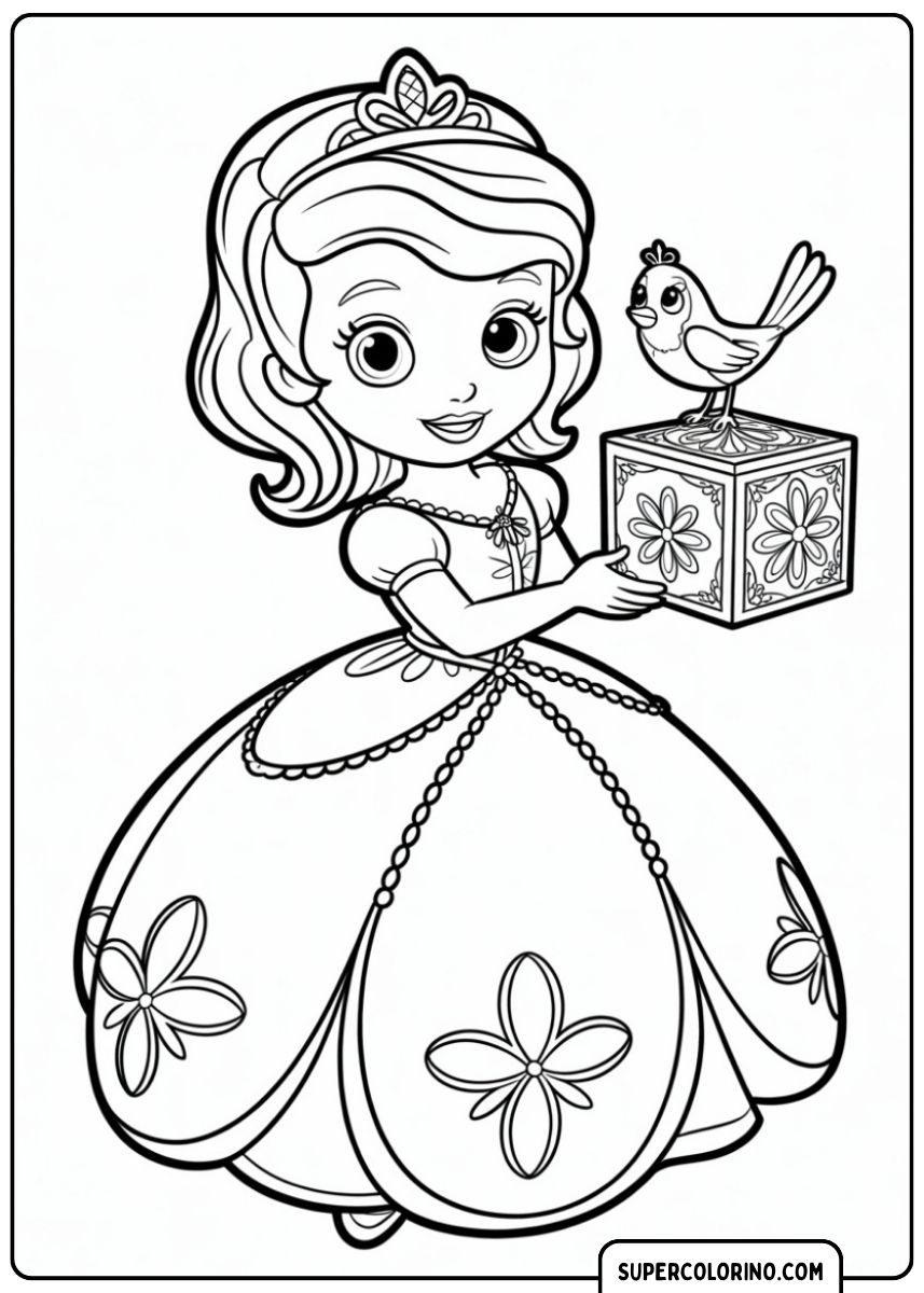 Image à colorier de la princesse Sofia avec un oiseau sur un coffre décoré.