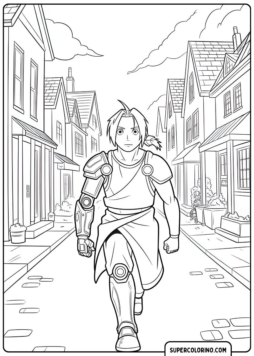 Edward Elric mit seinem mechanischen Arm bereit für die Alchemie.