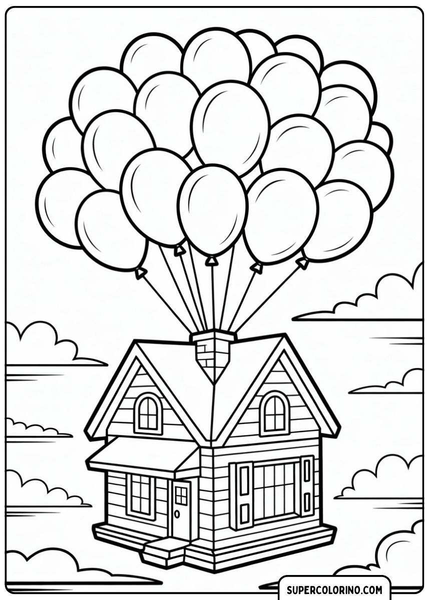 Ein kleines Haus, das an vielen bunten Luftballons hängt.