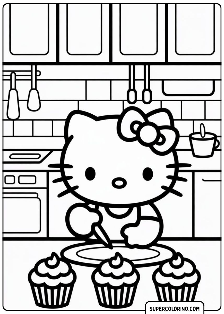 Hello Kitty bereitet einen Kuchen zu.
