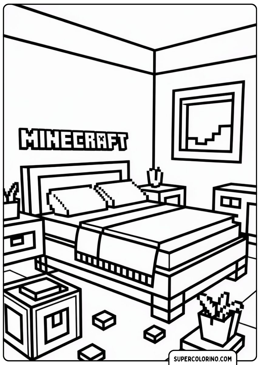 Schlafzimmer in Minecraft mit Bett und Blöcken.