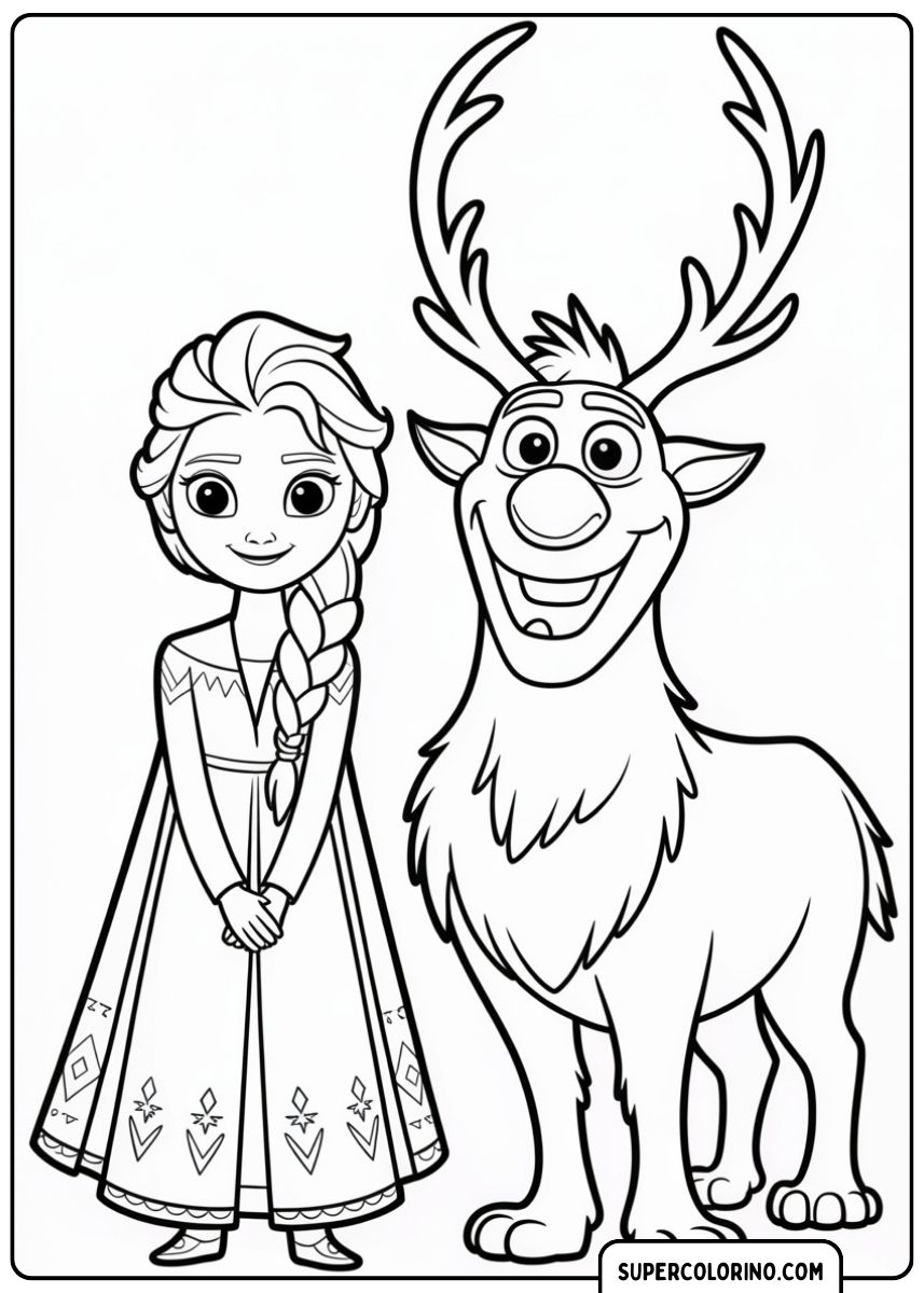 Elsa steht in freundlicher Pose neben dem lächelnden Rentier Sven.