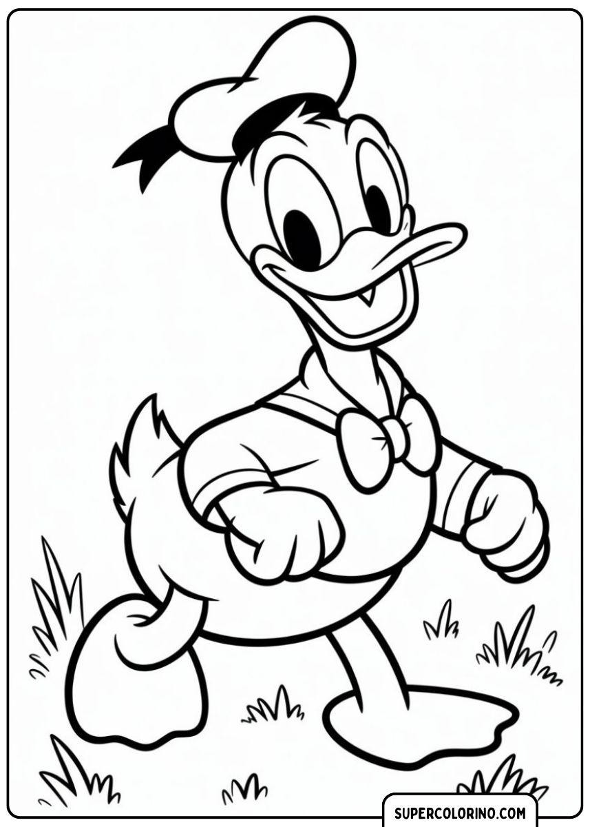 Coloriage Donald Duck, qui marche joyeusement, dans le costume de marin classique.