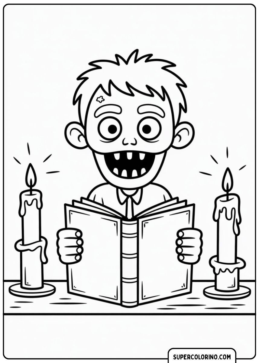 Zombie mit großen Augen und weit geöffnetem Mund, der bei Kerzenlicht ein Buch liest.