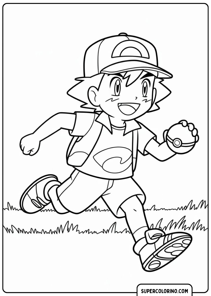 Ash Ketchum rennt und springt voller Energie, trägt seinen berühmten Hut und Pikachu an seiner Seite.
