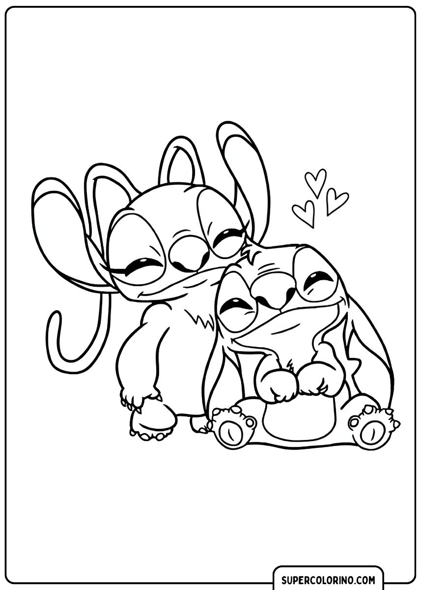 Kleurplaat met Stitch en Angel samen in cartoonstijl