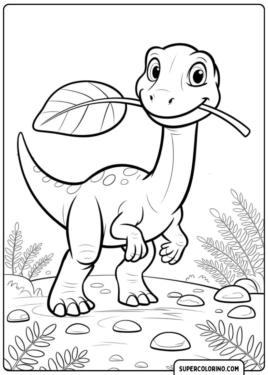 Kleurplaat van een dinosaurus die bladeren eet.