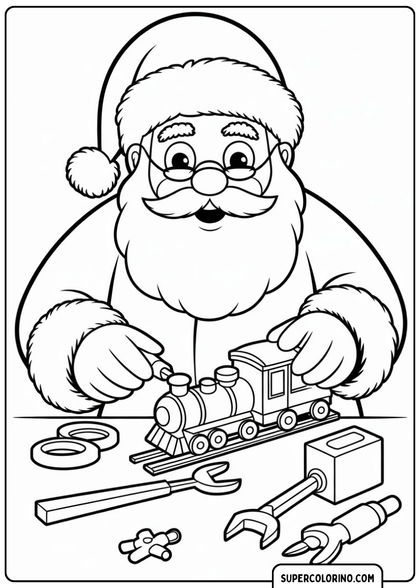 Der Weihnachtsmann repariert die Spielzeugeisenbahn.