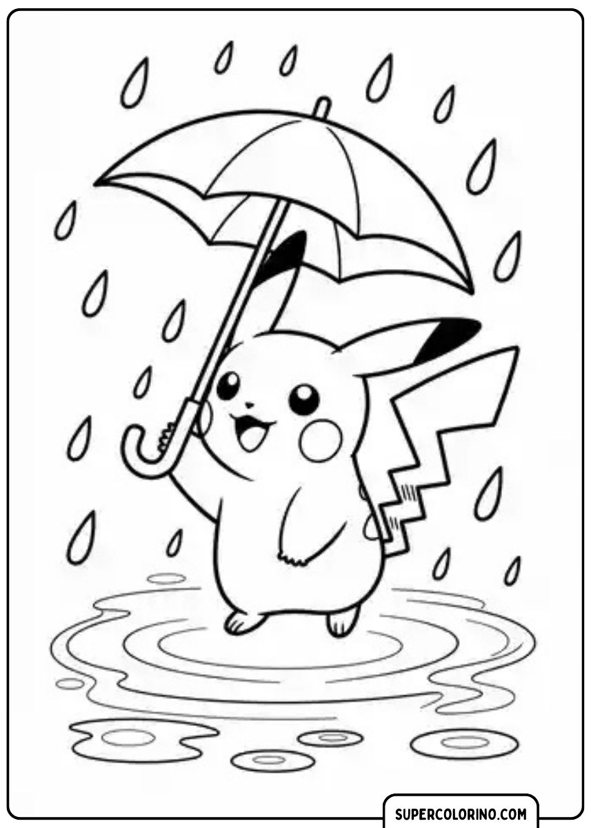 Pikachu in de regen met paraplu.