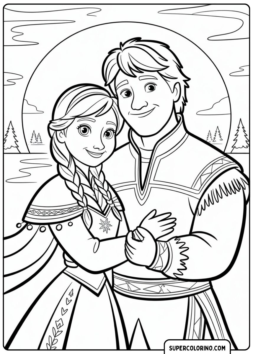 Anna und Kristoff umarmen sich fest vor einem großen Mond oder einer großen Sonne.