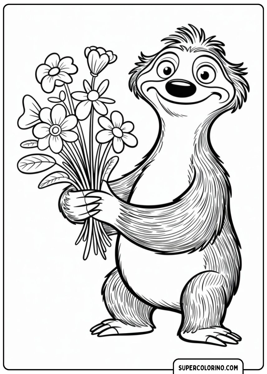 Coloriage Sloth Sid (Âge de Glace) avec un bouquet de fleurs.
