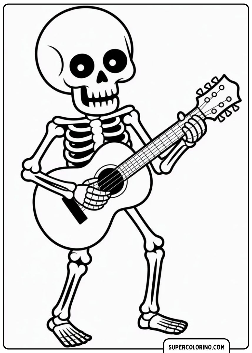 Skelett mit großen Augen spielt eine Akustikgitarre.