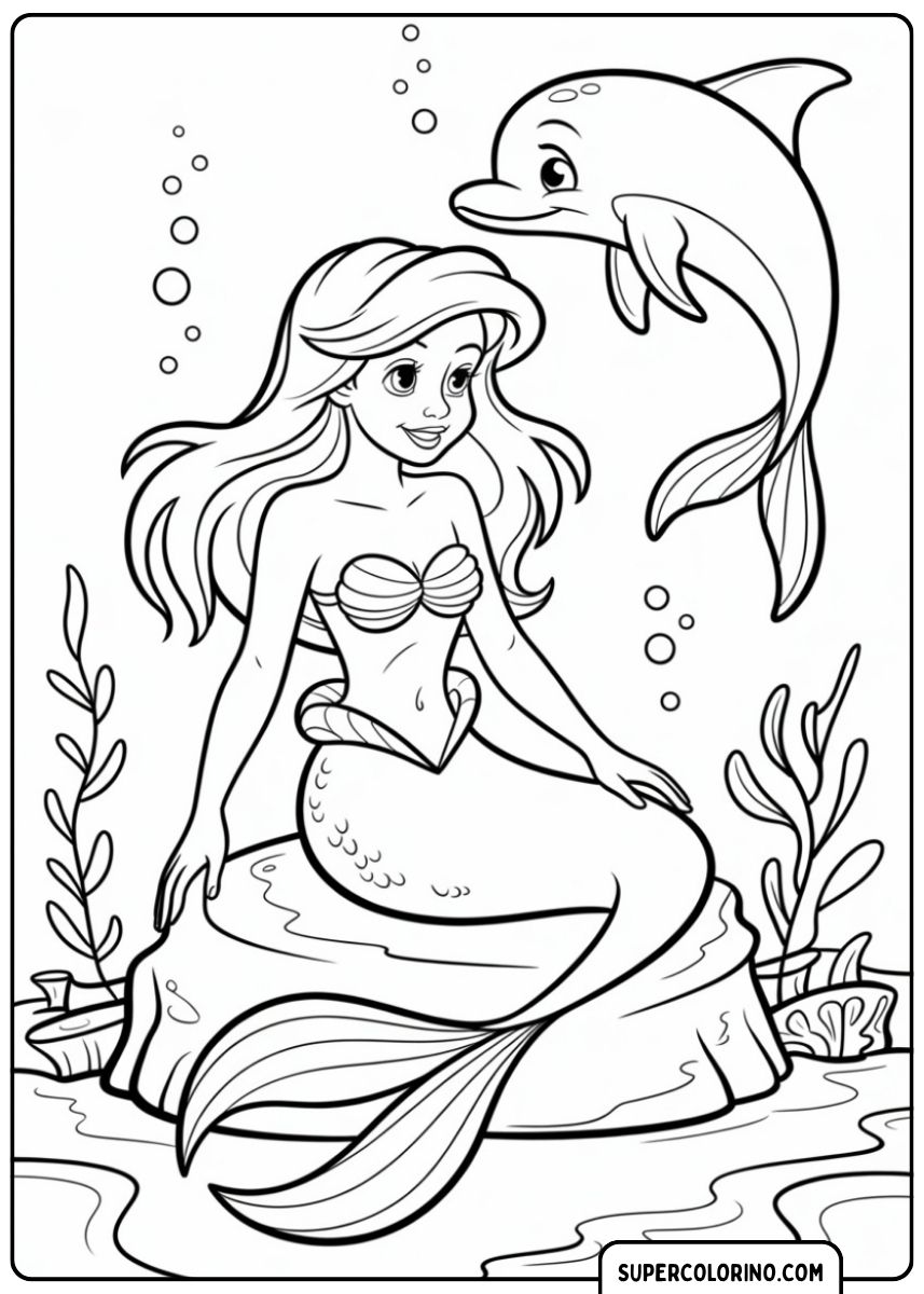 Image à colorier d'Ariel la Petite Sirène assise sur un rocher avec un dauphin souriant.