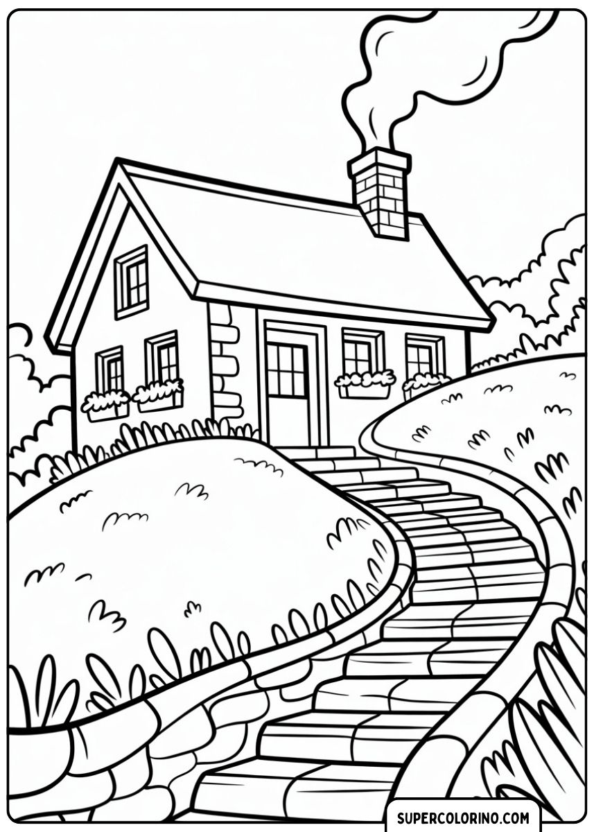 Ein Weg, der zu einem kleinen Haus auf dem grünen Hügel führt.