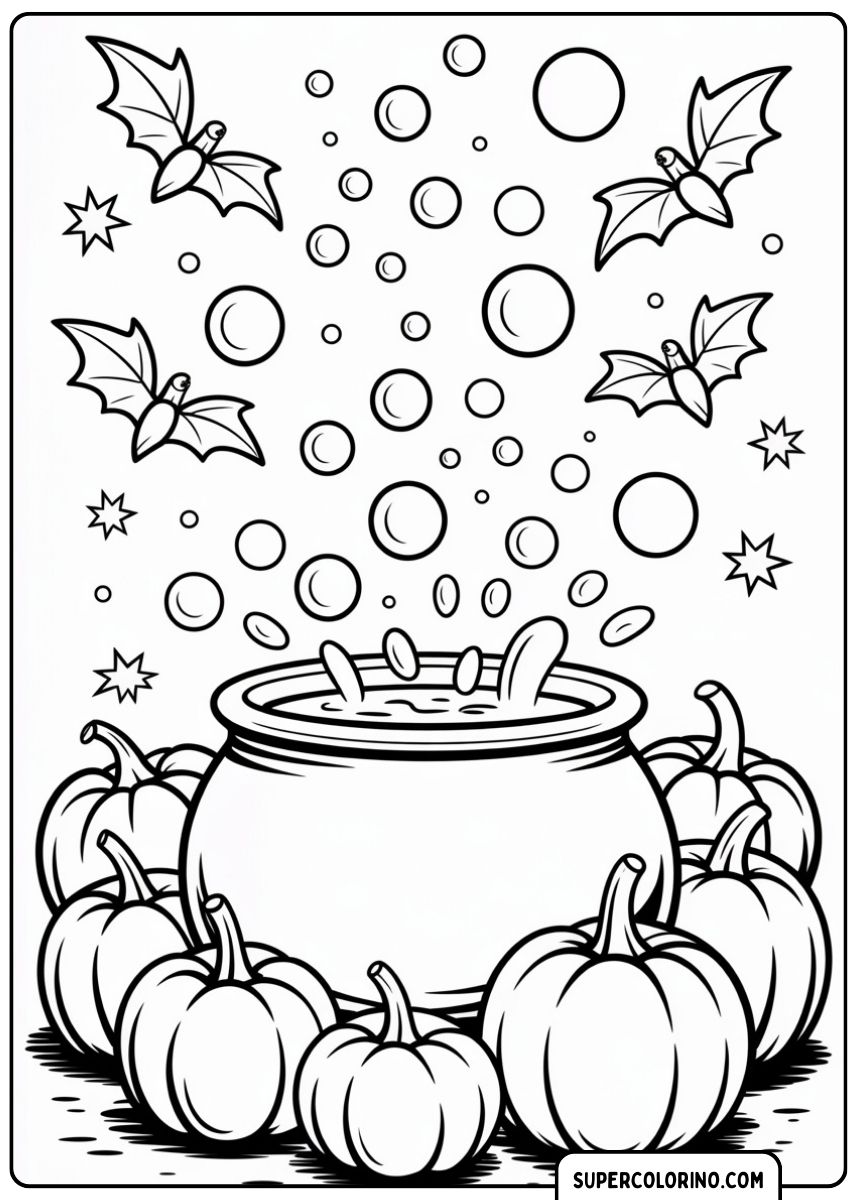 Disegno da colorare di una pentola magica con zucche dentro
