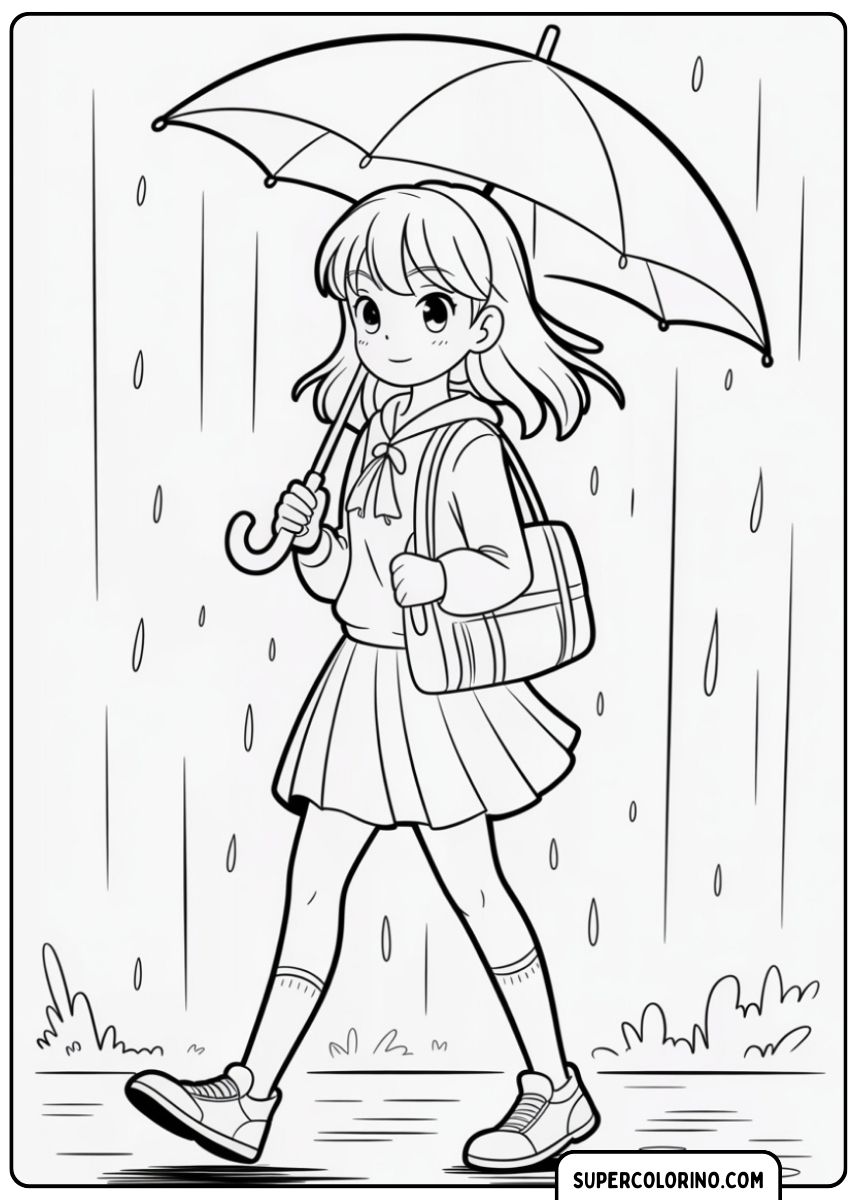 Une fille marchant sous la pluie avec un parapluie.