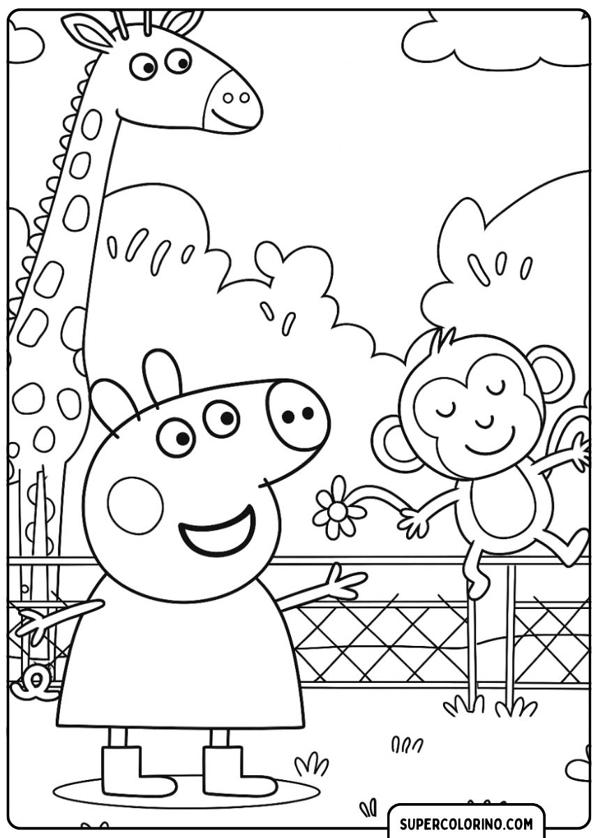 Malvorlage Peppa Wutz – Peppa mit einem süßen Affen.