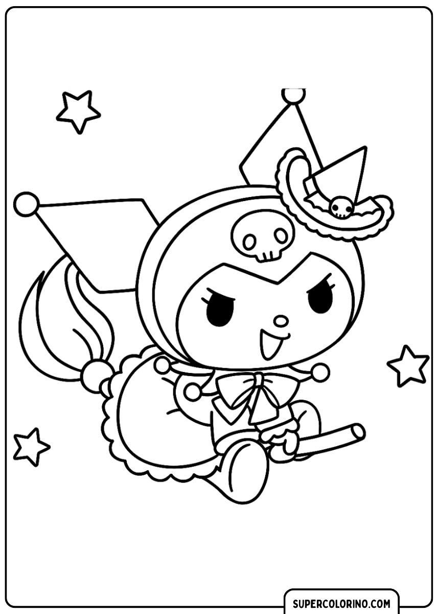 Malvorlage von Kuromi, die auf einem magischen Besen fliegt.