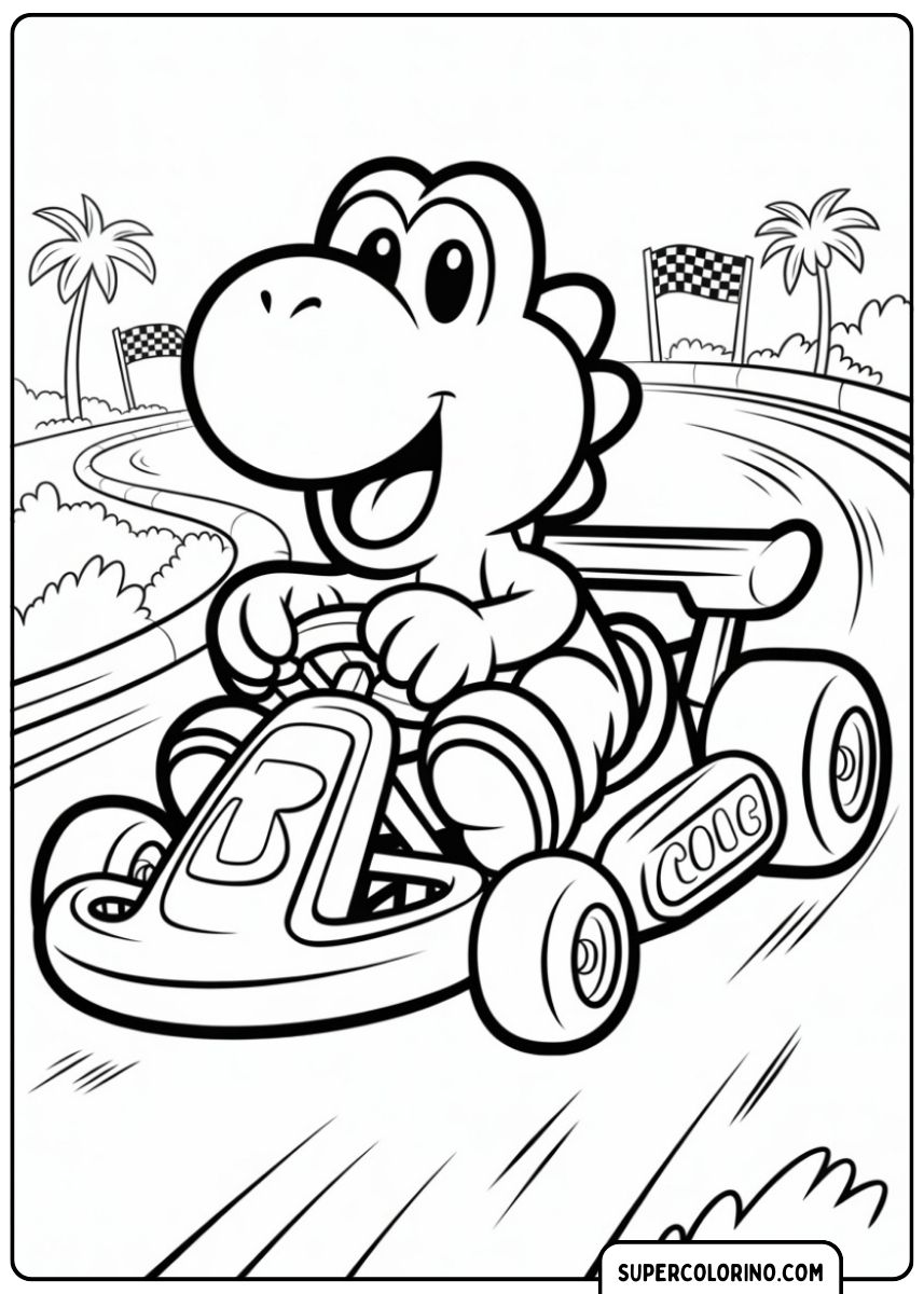 Kleurplaat van een dinosaurus die racet in een raceauto.