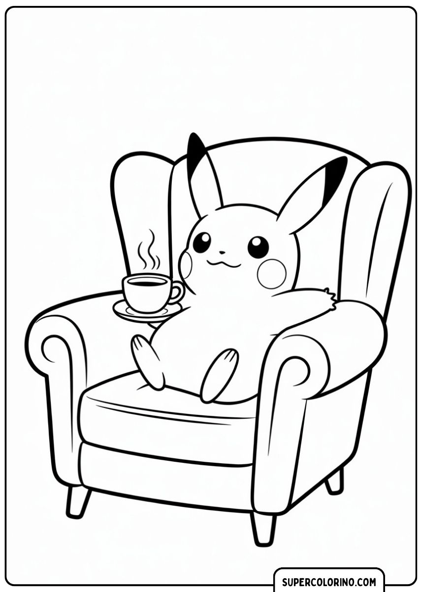 ikachu op de bank met een kop koffie.