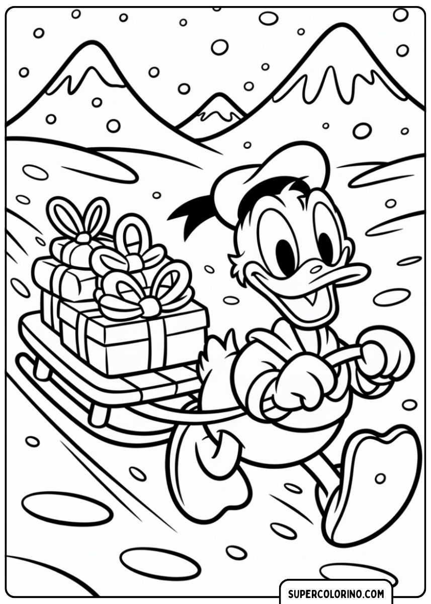 Donald Duck avec un traîneau de cadeaux à colorier.