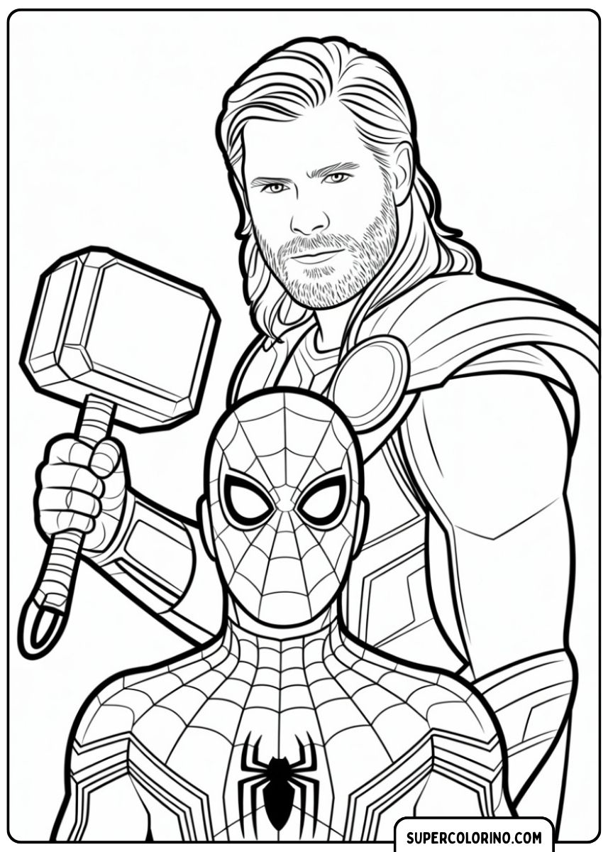 Coloriage de Spiderman et Thor avec le marteau.