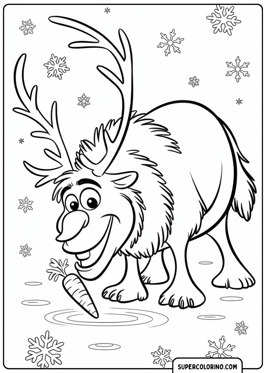 Sven, das Rentier, freut sich, eine Karotte im Schnee gefunden zu haben.