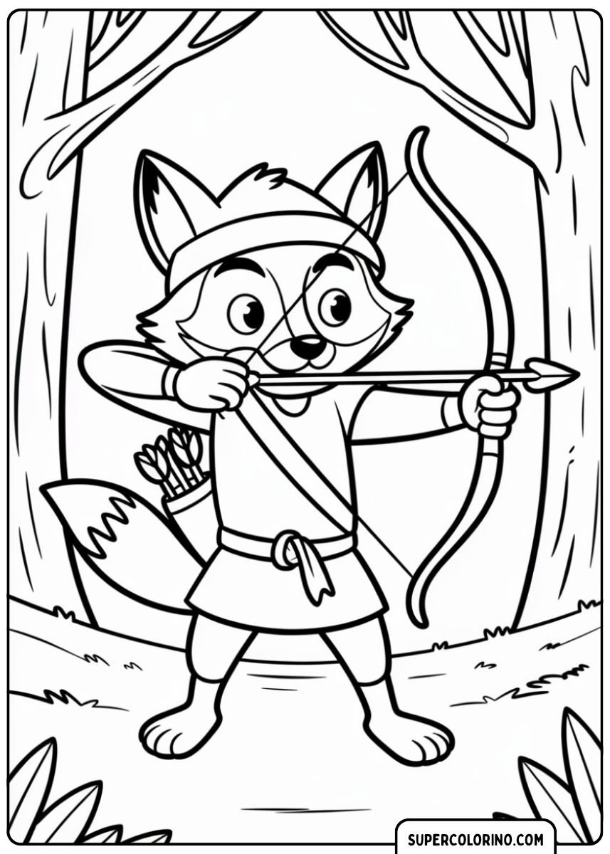 Coloriage Archer renard dans la forêt, inspiré de Robin des Bois, avec arc et flèches.
