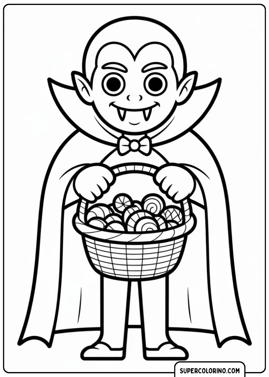 Niedlicher Vampir mit Umhang und Fliege, der einen Korb voller Süßigkeiten hält.