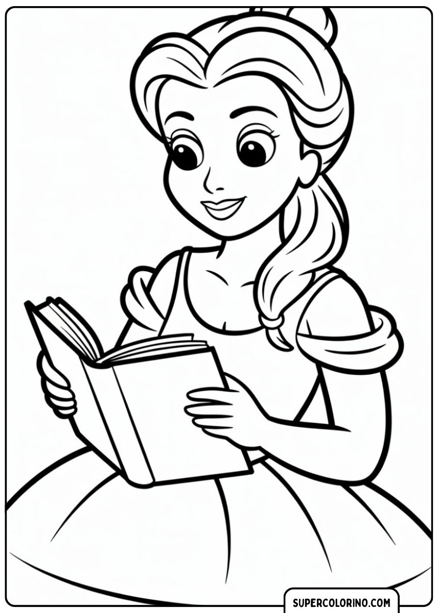 Image à colorier de Belle souriant en lisant un livre ouvert.