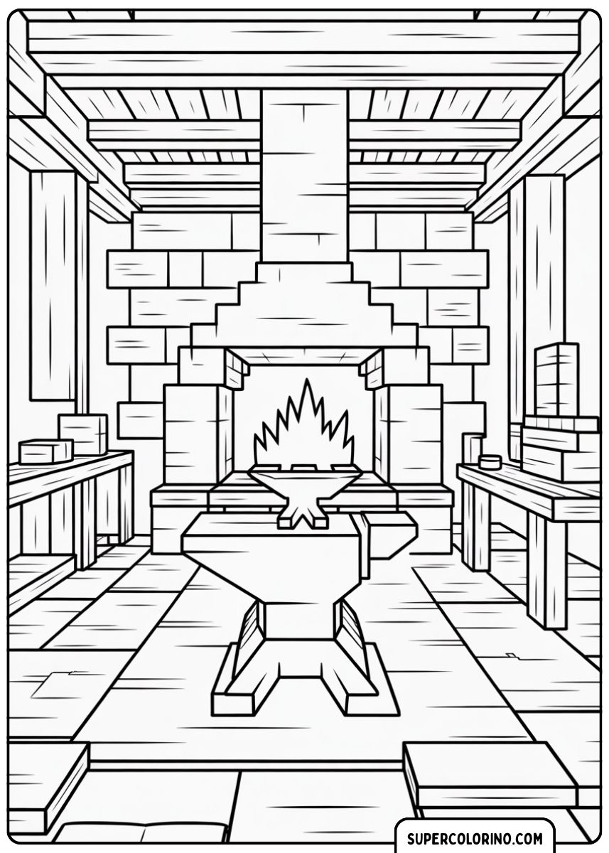 Minecraft-Schmiede mit Feuer und Werkzeugen.