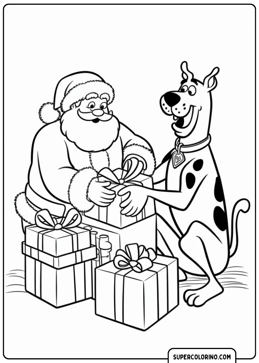 Der Weihnachtsmann gibt Scooby-Doo ein Geschenk.