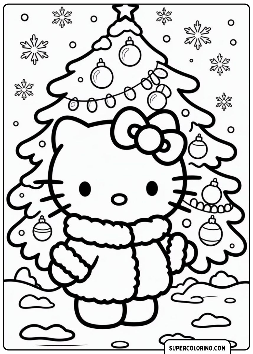 Hello Kitty avec sapin de Noël à colorier.