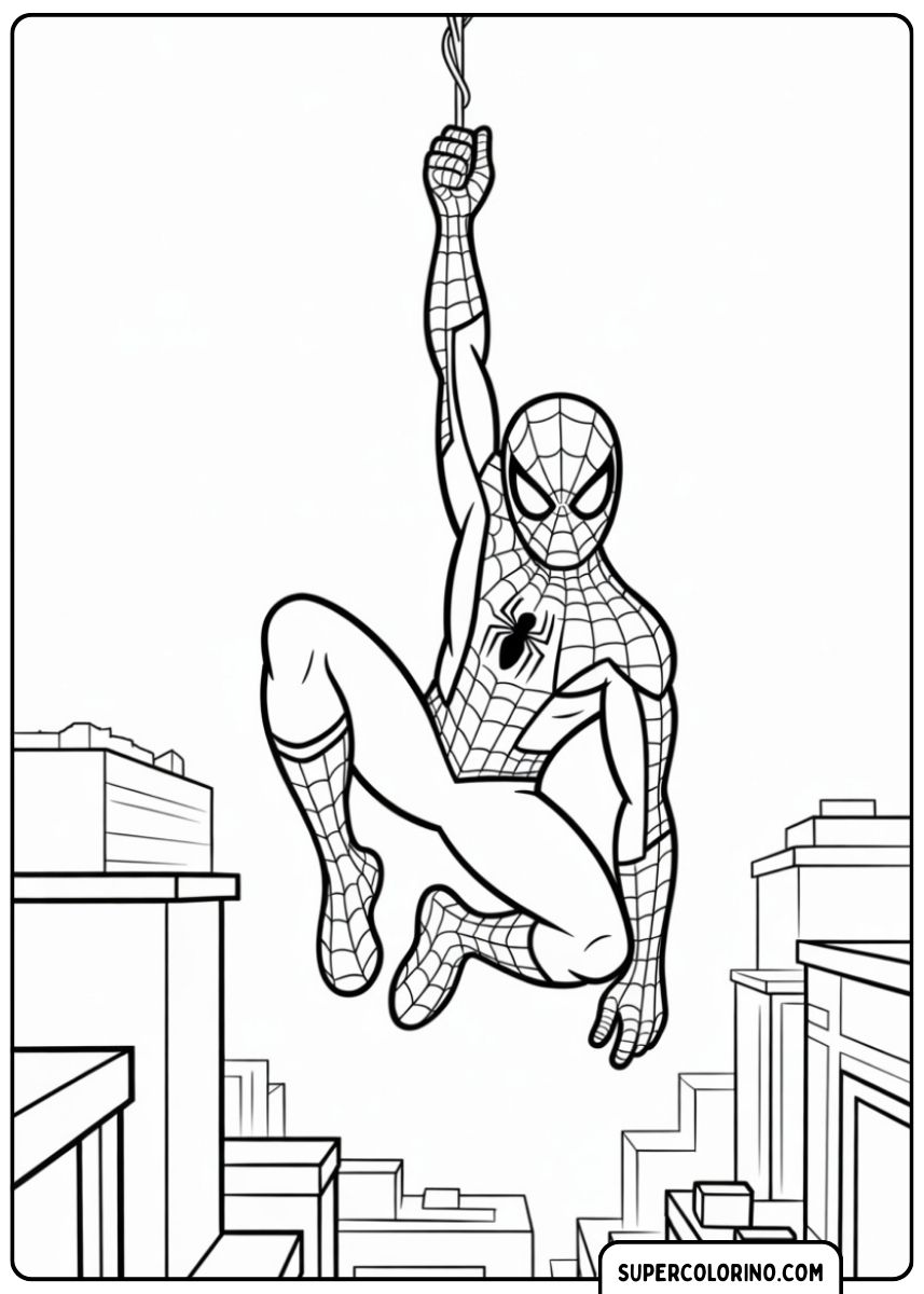 Spider-Man suspendu la tête en bas à une toile d'araignée au-dessus des toits de la ville.