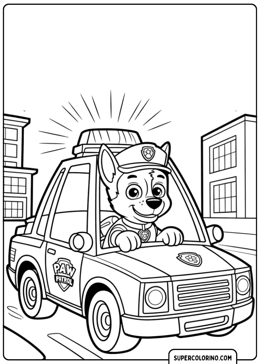 Coloriage Chase de la Pat Patrouille dans sa voiture de police, traversant la ville.