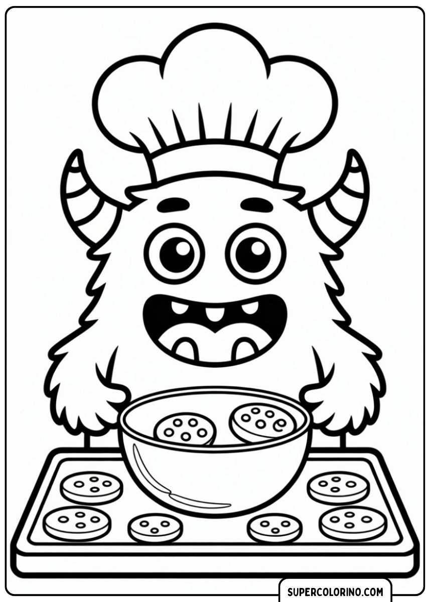 Haariges Monster mit Hörnern und Kochmütze, das Kekse kocht.