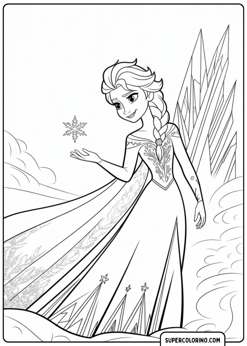 Image à colorier d'Elsa dans sa robe de glace, tenant un cristal de neige magique, avec des flèches de glace en arrière-plan.