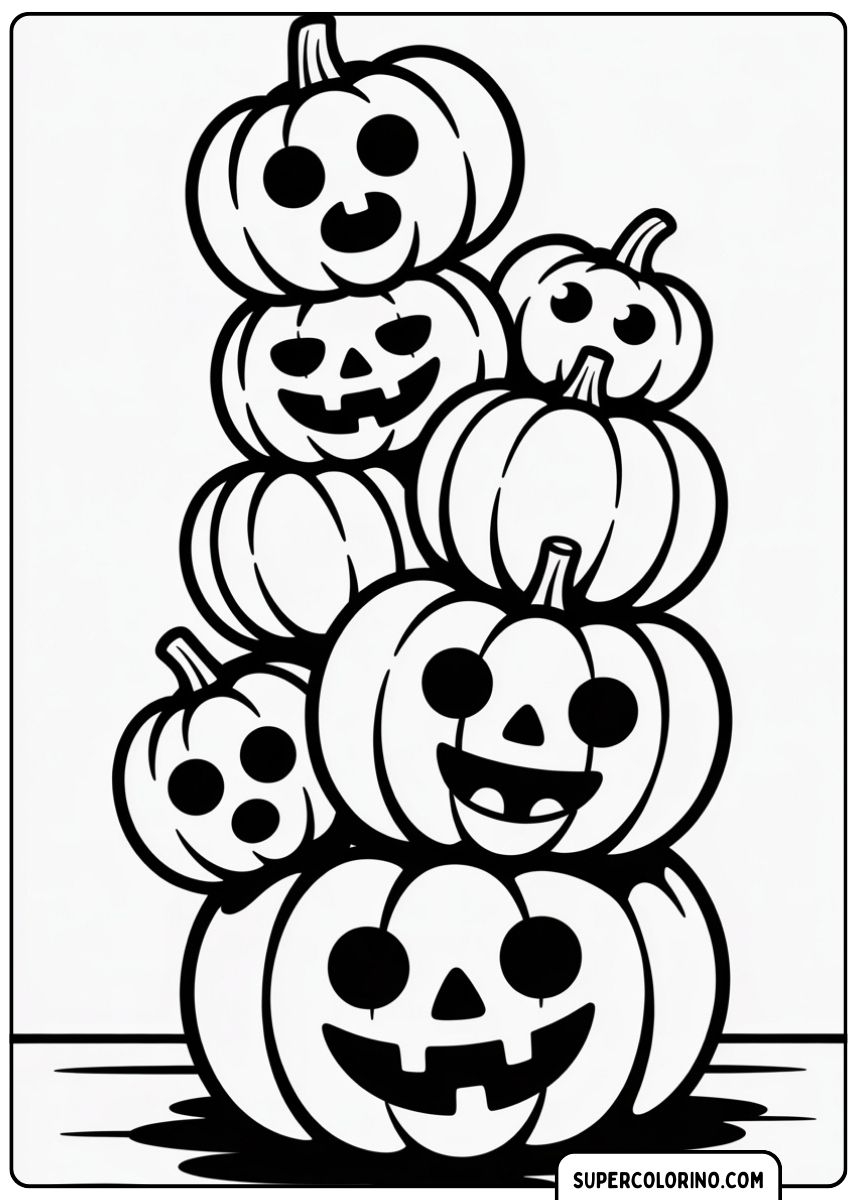 Disegno di più zucche intagliate con facce di Halloween impilate una sull’altra.
